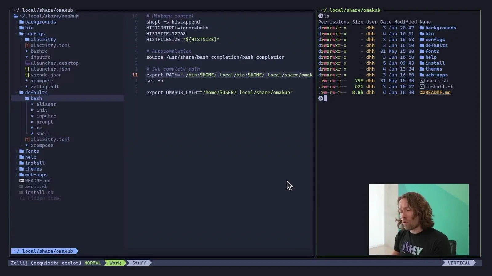 Neovim and a terminal running inside Zellij, showing the Omakub file tree
