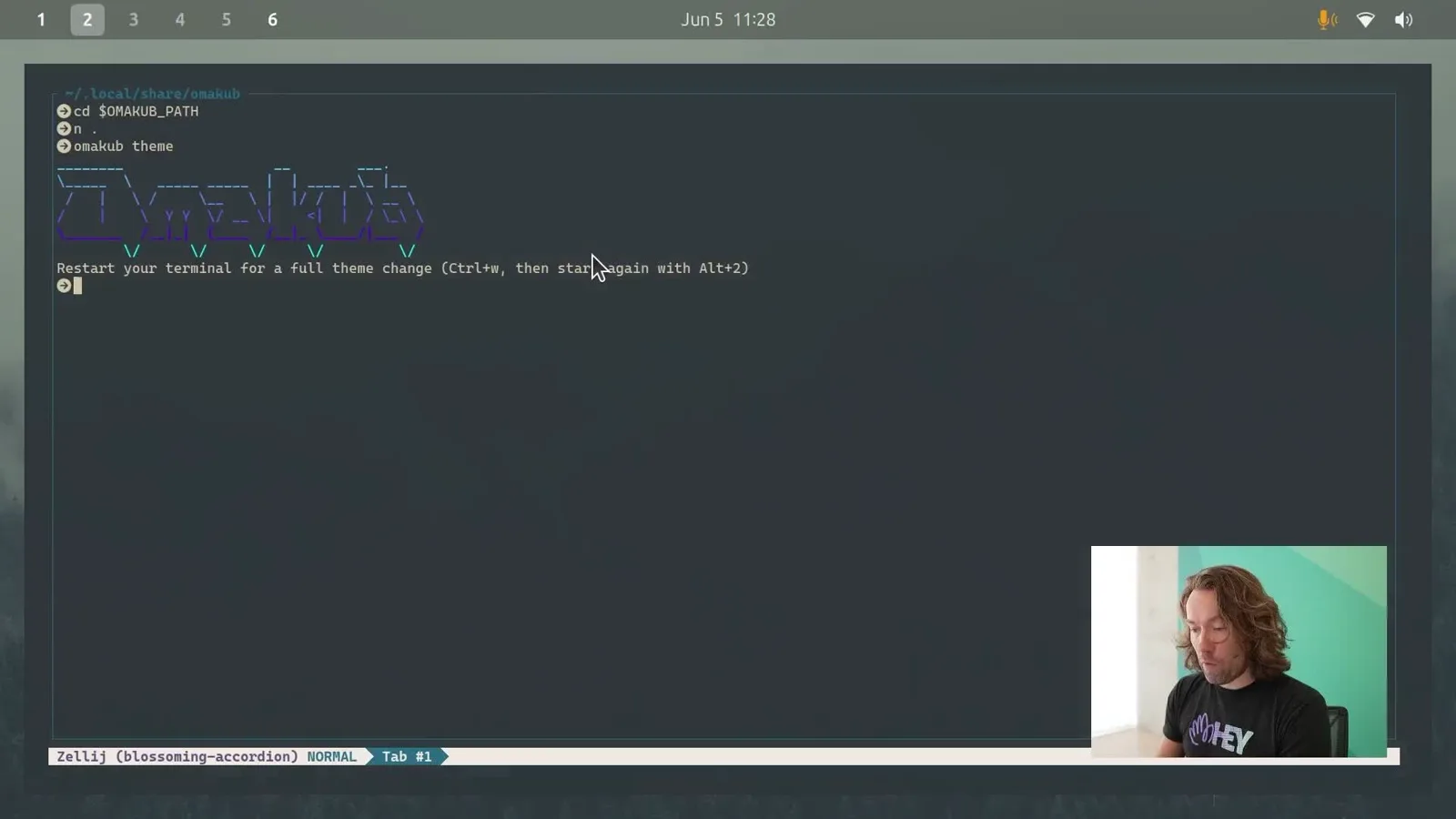 The omakub theme command in a terminal, with the Omakub ASCII banner